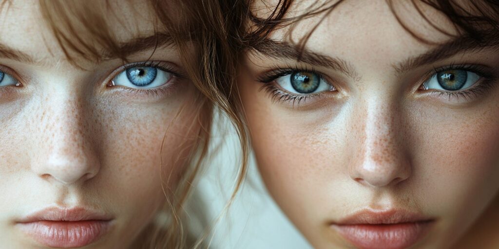 Blue Eyes vs. Grey Eyes Close-up portrait of two women with blue and grey eyes, capturing the natural beauty of their freckles and clear skin.