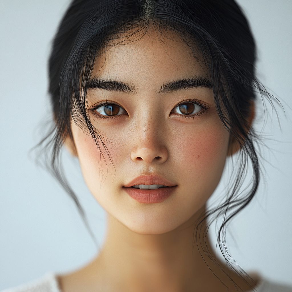 High-resolution portrait of a natural East Asian woman with freckles, clear skin, and expressive eyes, against a soft, neutral background.