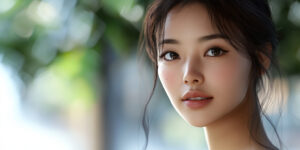 Realistic portrait of a natural East Asian woman with soft lighting, clear skin, and expressive eyes. why asians have smaller eyes