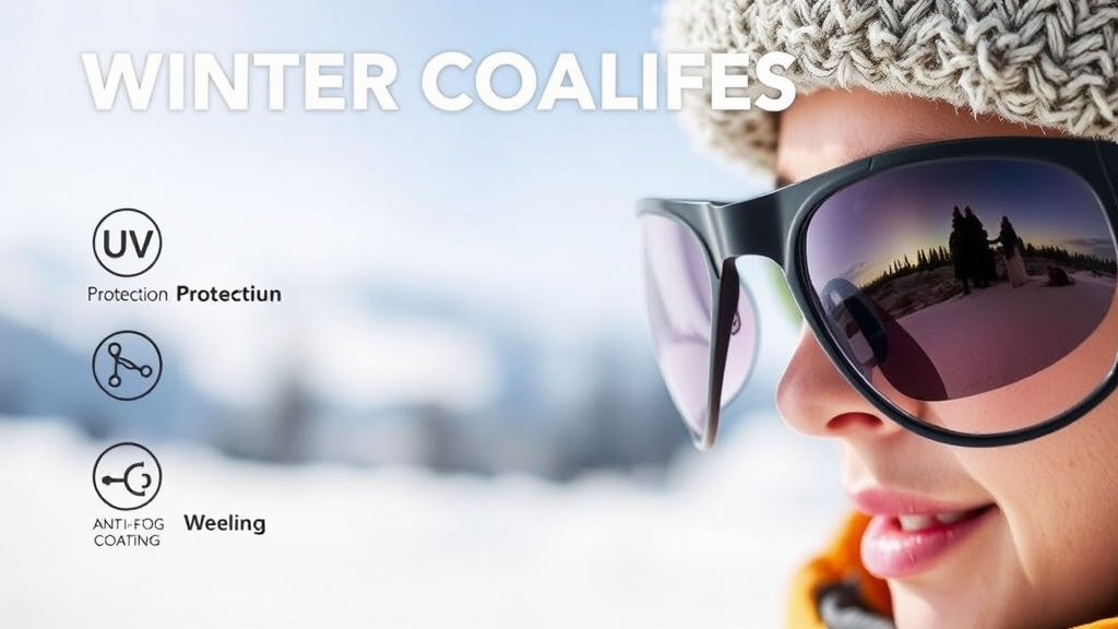 A pair of stylish protective eyewear designed for winter, featuring UV protection, anti-fog coating, and a wraparound design to shield against glare and wind.