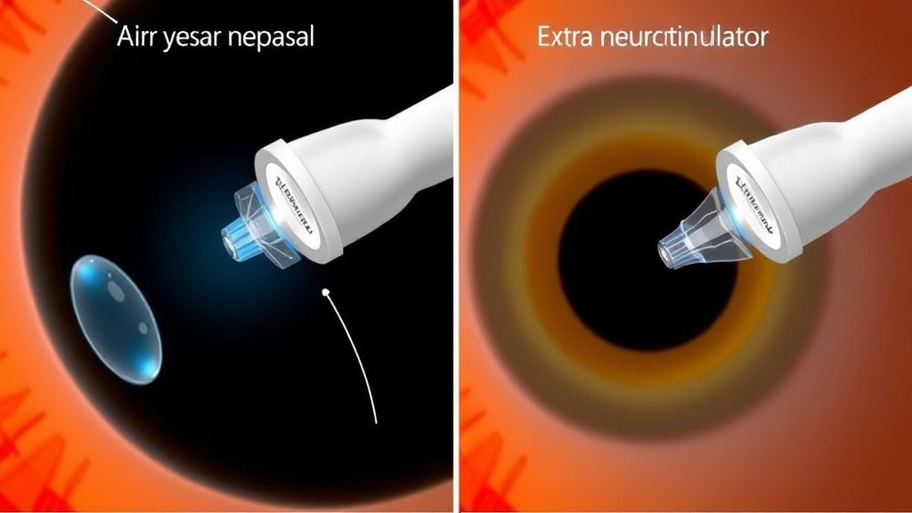Close-up of intranasal and extranasal tear neurostimulator devices, illustrating their placement and function for enhancing tear production in dry eye syndrome.