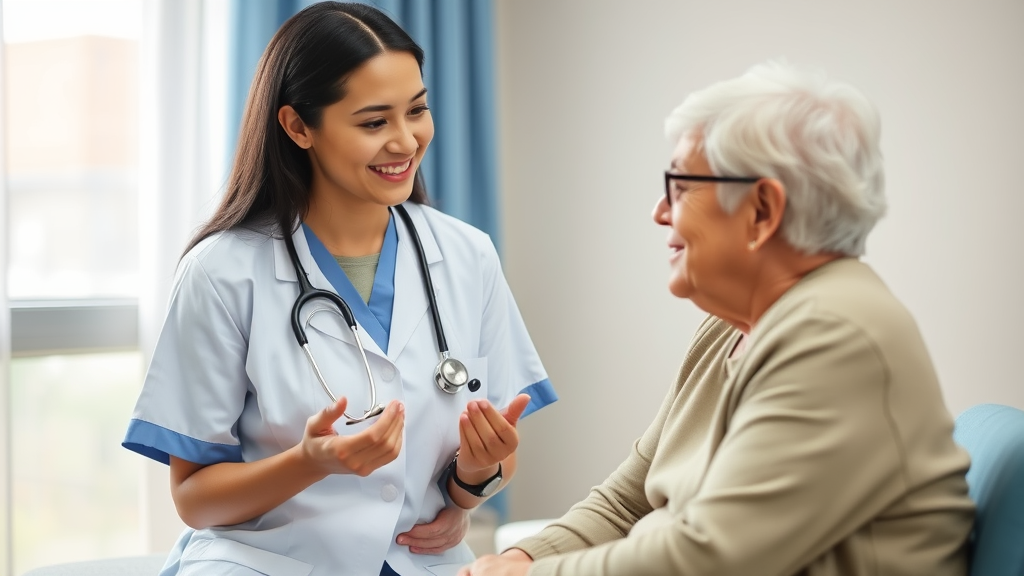 Healthcare professional engaged in empathetic dialogue with a patient, utilizing active listening, clear language, and supportive non-verbal cues.