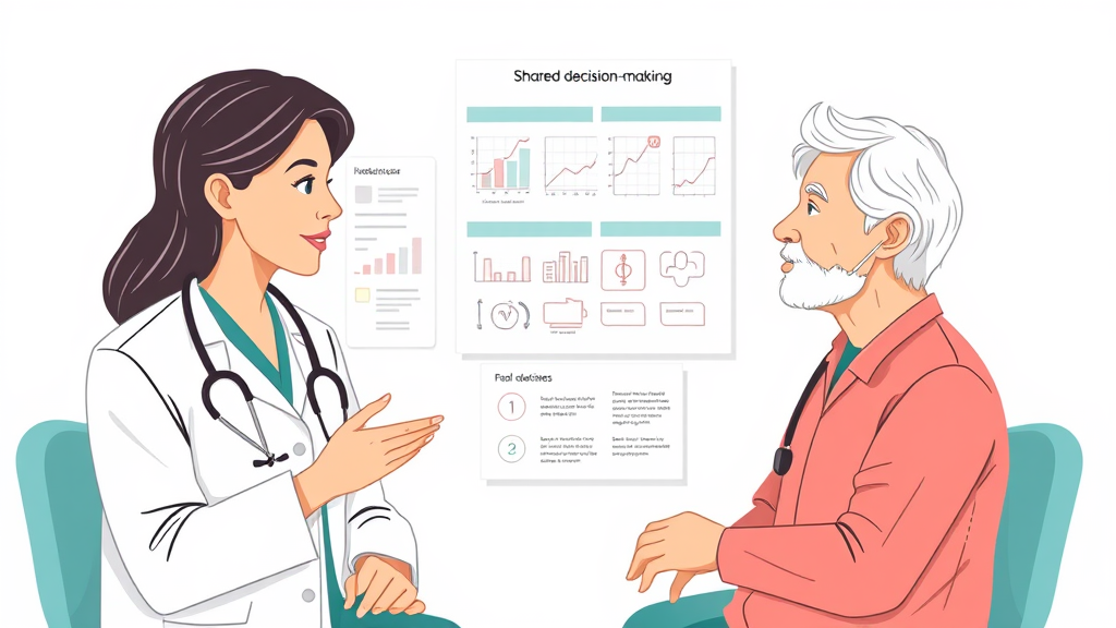 Illustration of a healthcare provider and patient engaged in a discussion, with charts and options displayed, symbolizing shared decision-making for patient care.